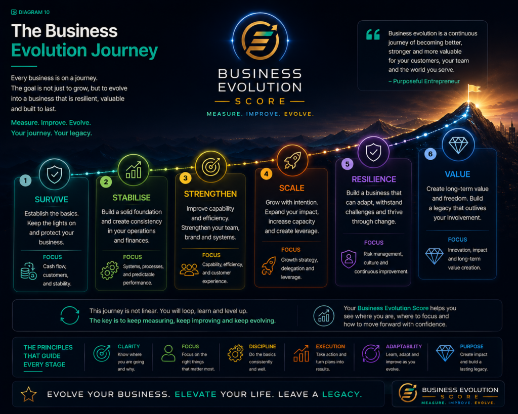 Business Evolution Journey showing the progression from survive to stabilise, strengthen, scale, resilience and value.